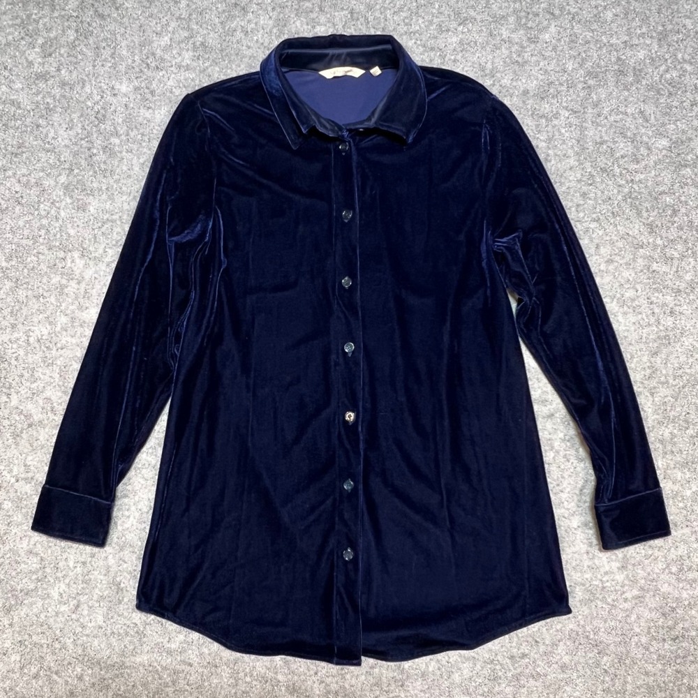 Soft Surroundings Womens Navy Blue Velvet Button Down Shirt XS Long Sleeve - Picture 2 of 6